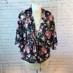 Time&Tru floral bat wing draw string blouse